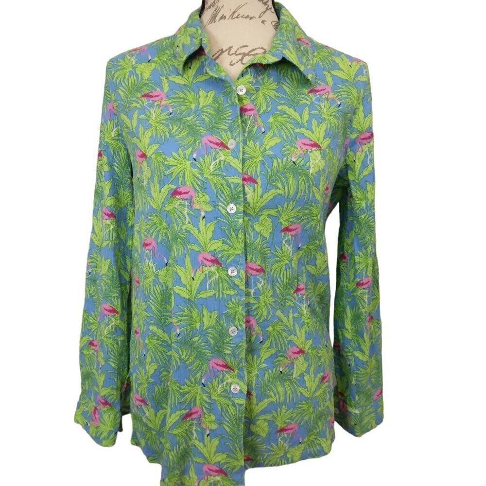 Appleseed's | Tropical Flamingo Crinkle Cotton Shirt | Size S - Picture 2 of 8